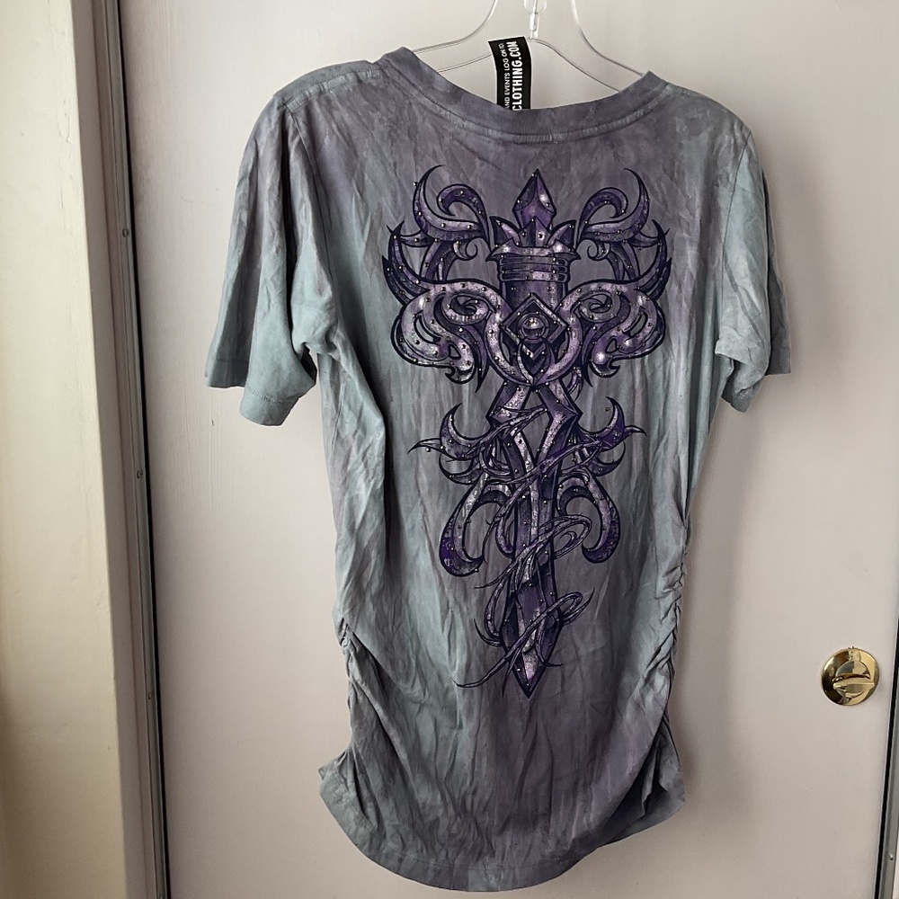 AFFLICTION Live Fast Ruched Sides Studs Detail V-Neck TEE NEW